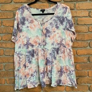 Torrid Tie-Neck Top Women Size 1X Tie Dye Tiered Ruffle Short Sleeve Blouse Plus